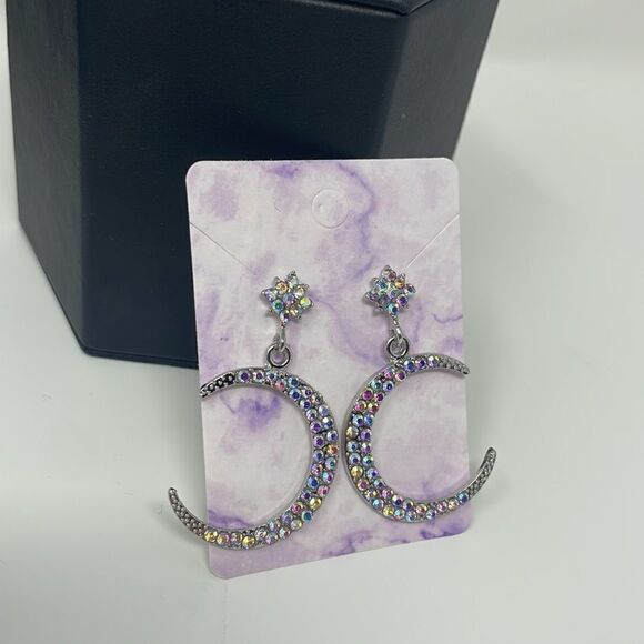 Moon Iridescent Rhinestone Crystal Post Drop Earrings - Picture 9 of 9